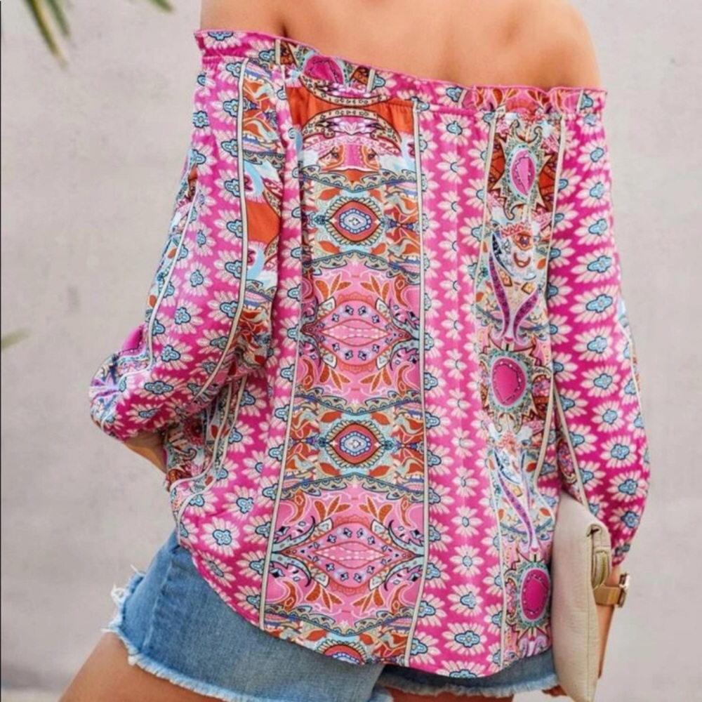 Boho pink random designs. on or off the shoulder Pink, turquoise, blue, white - Picture 6 of 14